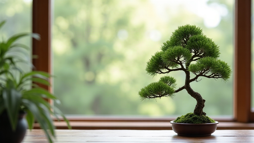 Juniper bonsai with a curved trunk beside a window