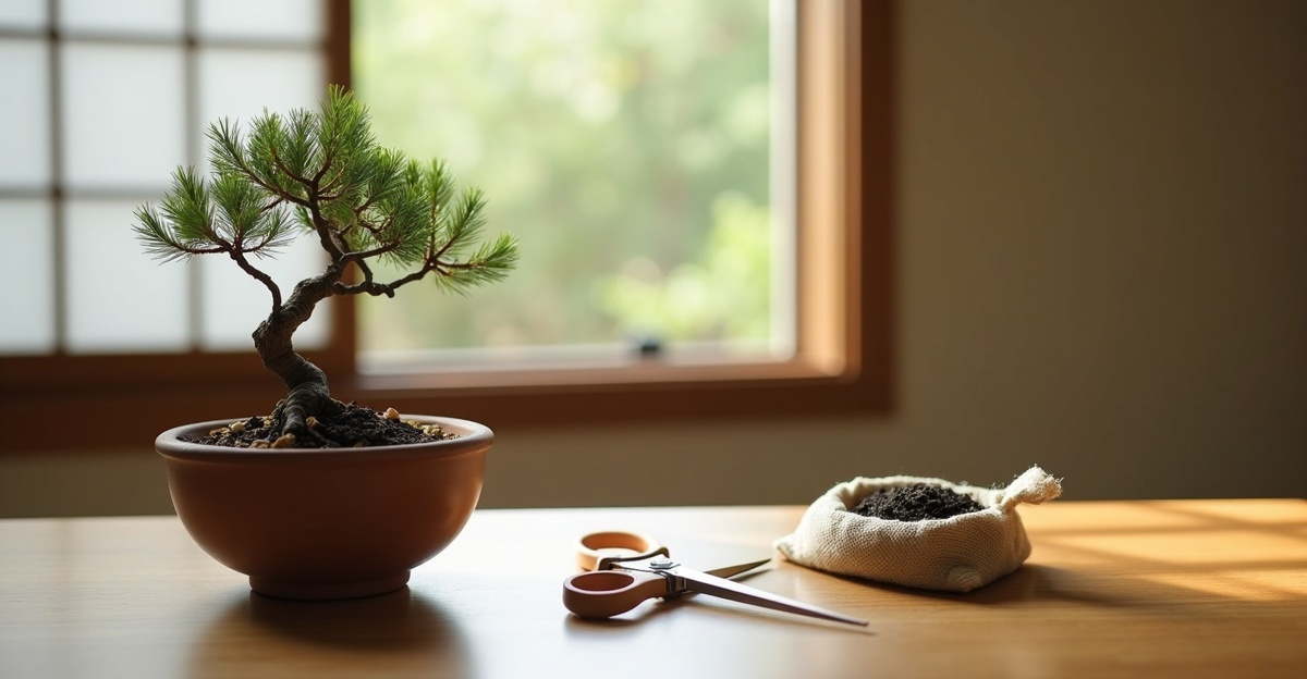 Bonsai starter kit for beginners with ceramic pot, shears, and training wire on wood desk