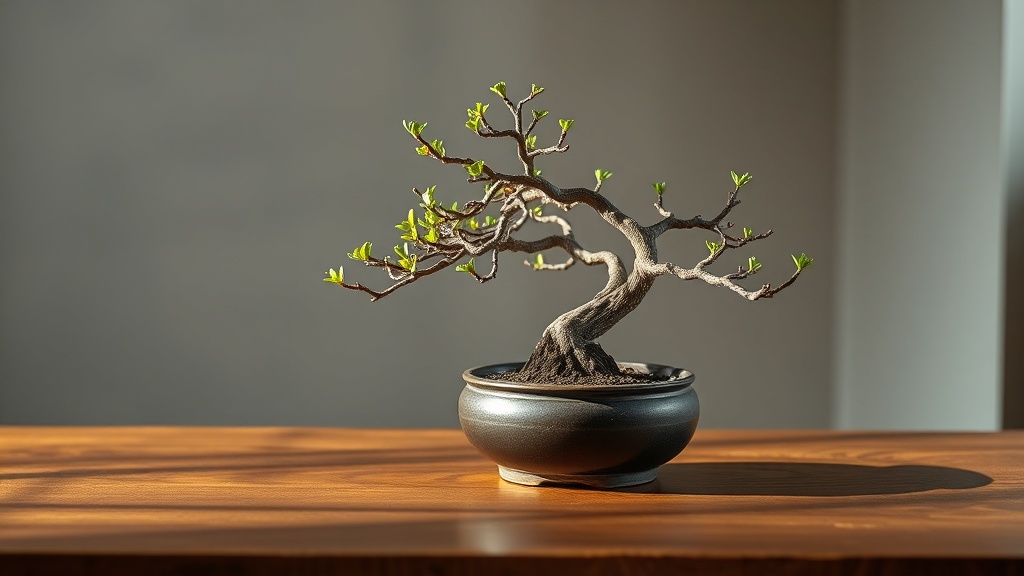 Ancient bonsai tree in ceramic pot with wabi-sabi aesthetic and zen atmosphere