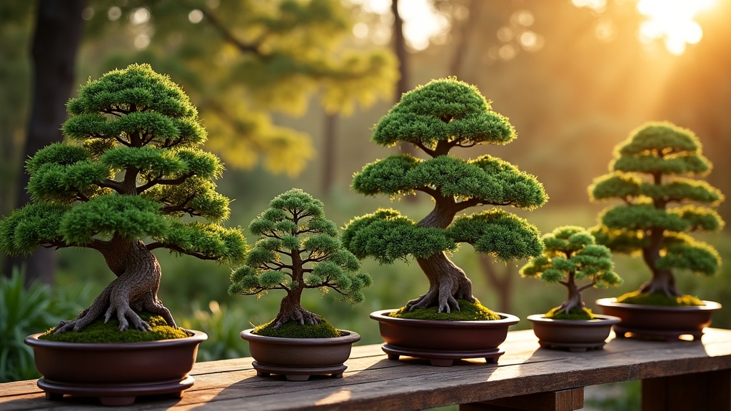 Collection of bonsai trees in different classical styles