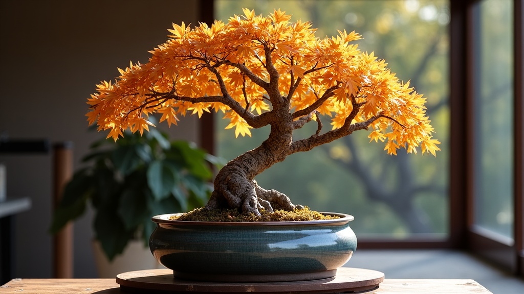 Oak bonsai tree in ceramic pot with textured bark