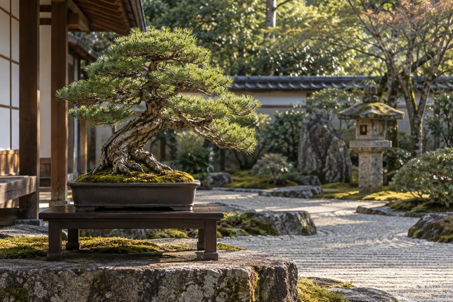 Mature bonsai displayed in a traditional Japanese garden